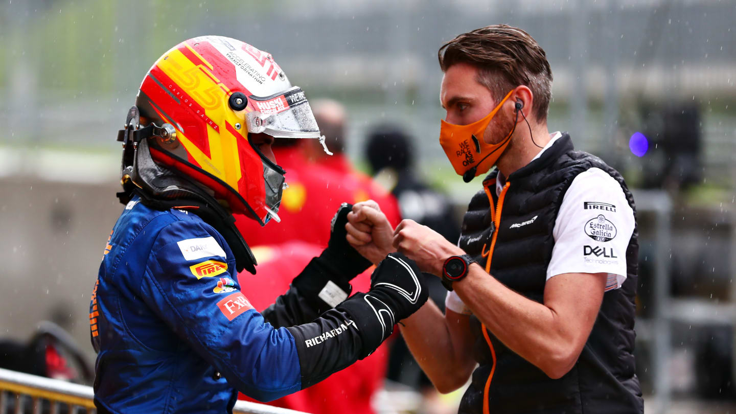 SPIELBERG, AUSTRIA - JULY 11: Third place qualifier Carlos Sainz of Spain and McLaren F1 celebrates