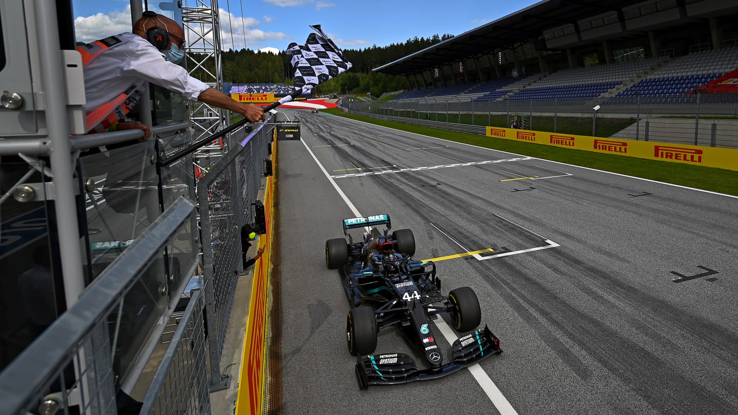 SPIELBERG, AUSTRIA - JULY 12: Race winner Lewis Hamilton of Great Britain driving the (44) Mercedes