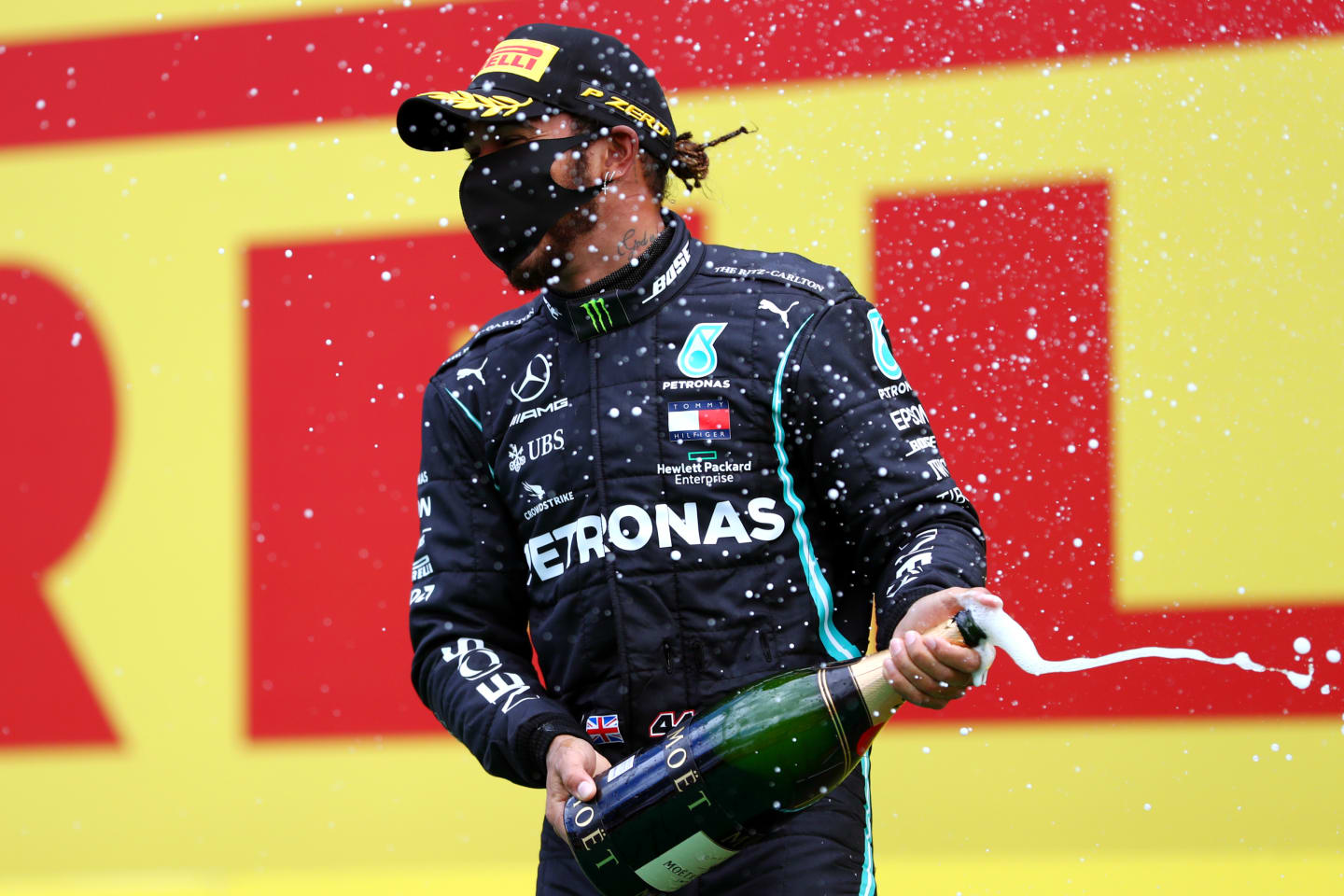 SPIELBERG, AUSTRIA - JULY 12: Lewis Hamilton of Great Britain and Mercedes GP celebrates on the podium after winning the Formula One Grand Prix of Styria at Red Bull Ring on July 12, 2020 in Spielberg, Austria. (Photo by Dan Istitene - Formula 1/Formula 1 via Getty Images)