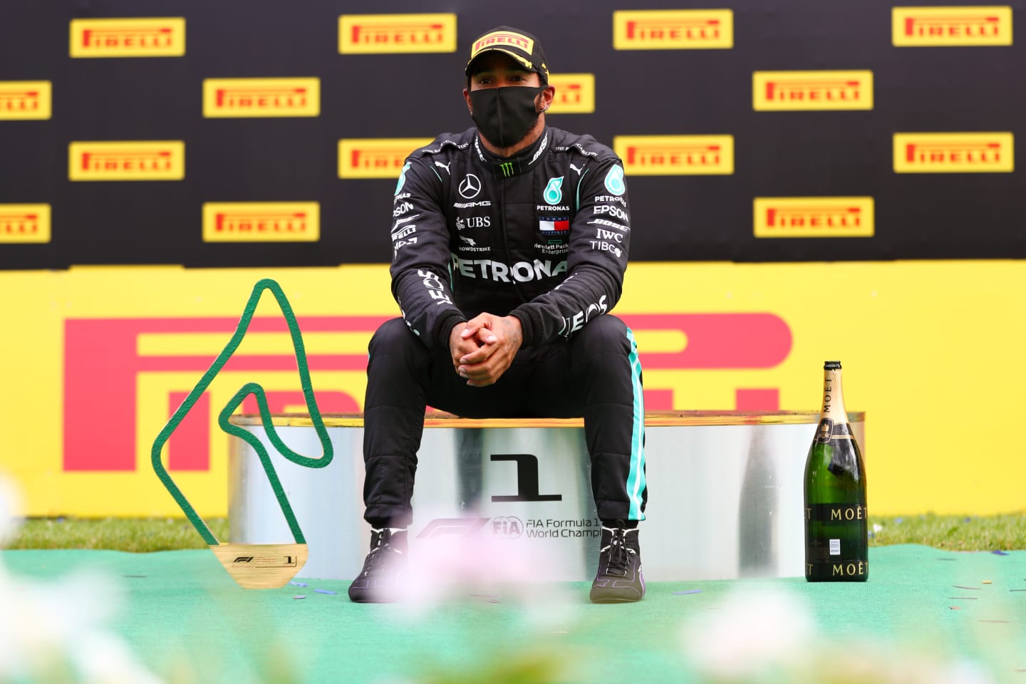 SPIELBERG, AUSTRIA - JULY 12: Race winner Lewis Hamilton of Great Britain and Mercedes GP celebrates on the podium during the Formula One Grand Prix of Styria at Red Bull Ring on July 12, 2020 in Spielberg, Austria. (Photo by Dan Istitene - Formula 1/Formula 1 via Getty Images)