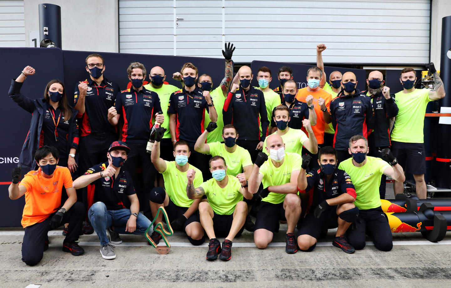 SPIELBERG, AUSTRIA - JULY 12: Third placed Max Verstappen of Netherlands and Red Bull Racing and his team celebrate during the Formula One Grand Prix of Styria at Red Bull Ring on July 12, 2020 in Spielberg, Austria. (Photo by Getty Images/Getty Images)