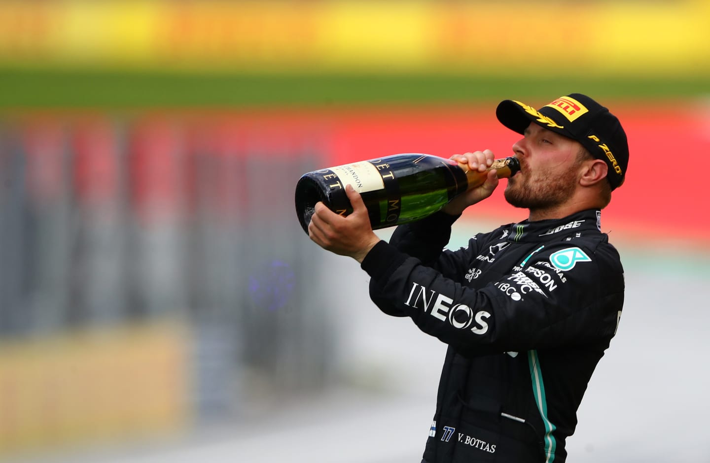 SPIELBERG, AUSTRIA - JULY 12: Second placed Valtteri Bottas of Finland and Mercedes GP celebrates