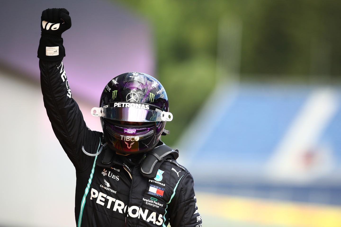SPIELBERG, AUSTRIA - JULY 12: Lewis Hamilton of Great Britain and Mercedes GP celebrates in parc