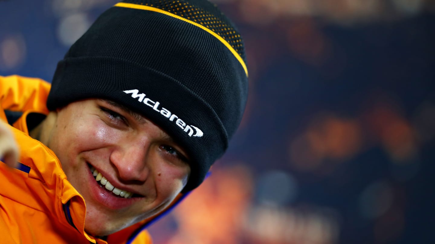 BARCELONA, SPAIN - FEBRUARY 19: Lando Norris of Great Britain and McLaren F1 looks on in the press