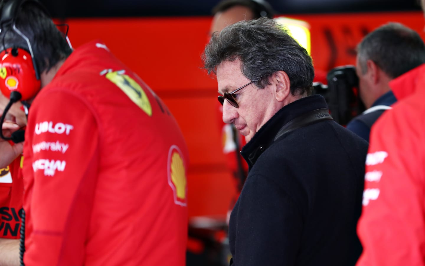 BARCELONA, SPAIN - FEBRUARY 21: Ferrari CEO Louis C. Camilleri looks on in the garage during day