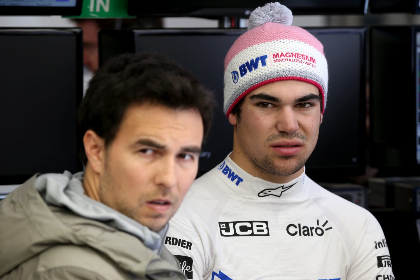 BARCELONA, SPAIN - FEBRUARY 26: Sergio Perez of Mexico and Racing Point and Lance Stroll of Canada