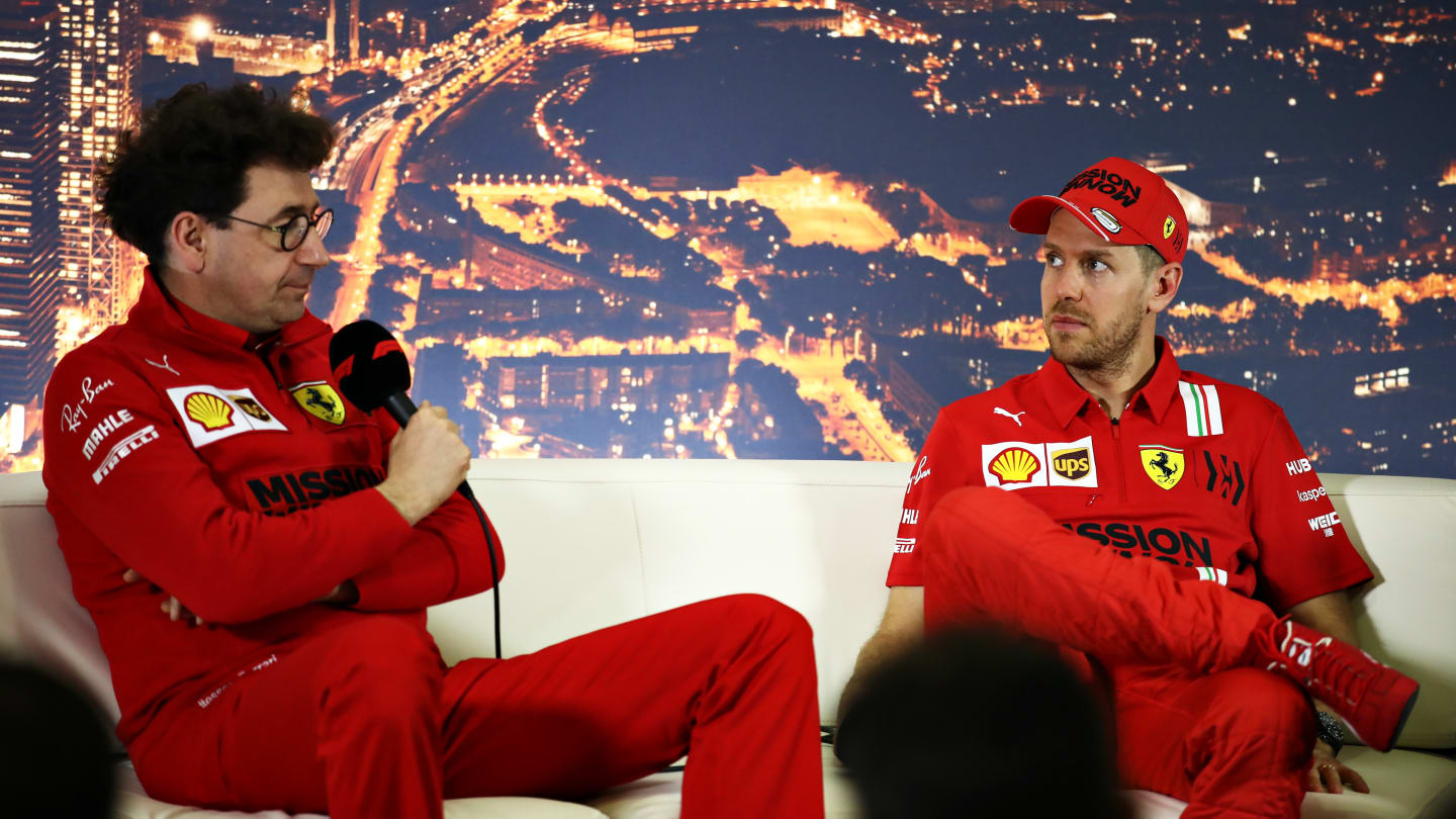 BARCELONA, SPAIN - FEBRUARY 26: Ferrari Team Principal Mattia Binotto and Sebastian Vettel of
