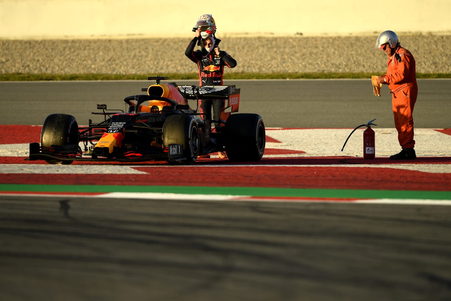 BARCELONA, SPAIN - FEBRUARY 26: Max Verstappen of Netherlands and Red Bull Racing stops on the