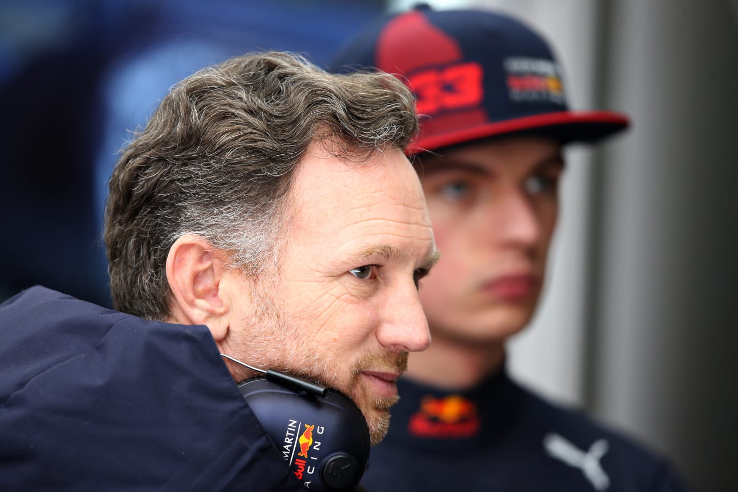 BARCELONA, SPAIN - FEBRUARY 27: Red Bull Racing Team Principal Christian Horner and Max Verstappen