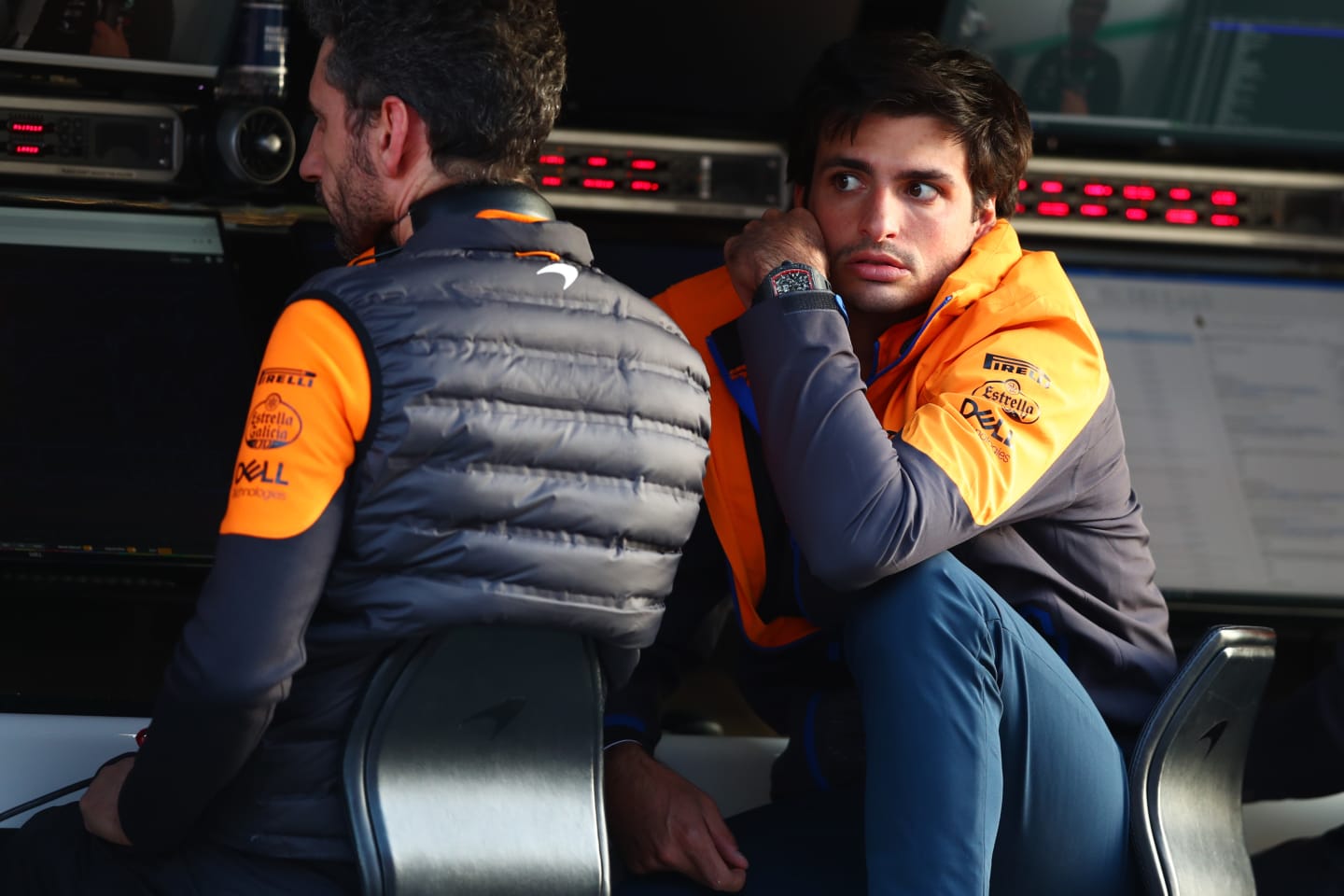 BARCELONA, SPAIN - FEBRUARY 27: Carlos Sainz of Spain and McLaren F1 sits with McLaren Performance