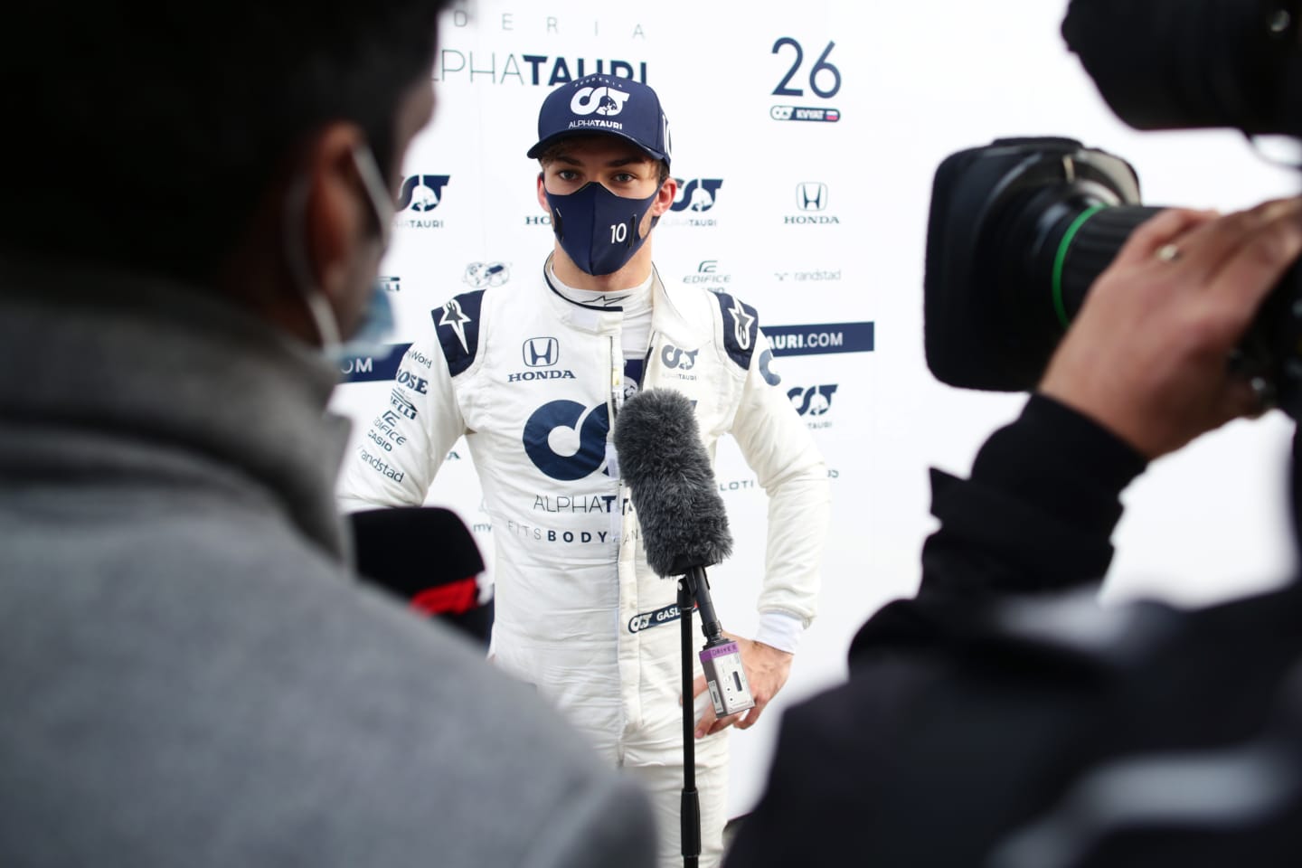 ISTANBUL, TURKEY - NOVEMBER 13: Pierre Gasly of France and Scuderia AlphaTauri talks to the media in the Paddock during practice ahead of the F1 Grand Prix of Turkey at Intercity Istanbul Park on November 13, 2020 in Istanbul, Turkey. (Photo by Peter Fox/Getty Images)