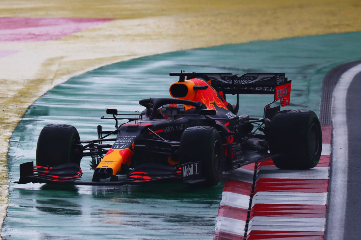ISTANBUL, TURKEY - NOVEMBER 14: Max Verstappen of the Netherlands driving the (33) Aston Martin Red Bull Racing RB16 runs wide during qualifying ahead of the F1 Grand Prix of Turkey at Intercity Istanbul Park on November 14, 2020 in Istanbul, Turkey. (Photo by Dan Istitene - Formula 1/Formula 1 via Getty Images)