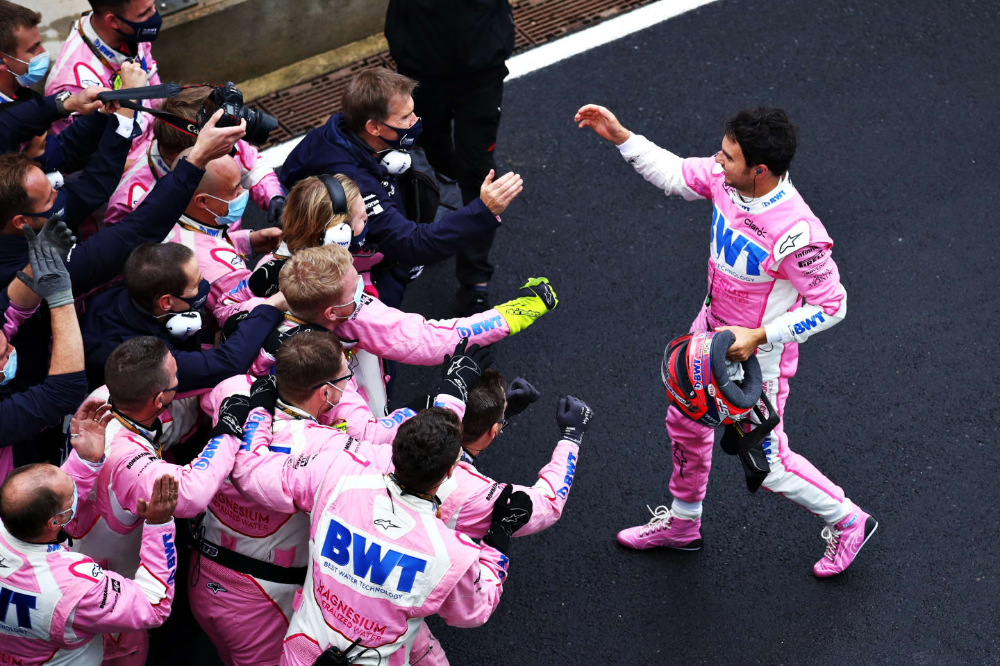 ISTANBUL, TURKEY - NOVEMBER 15: Second placed Sergio Perez of Mexico and Racing Point celebrates