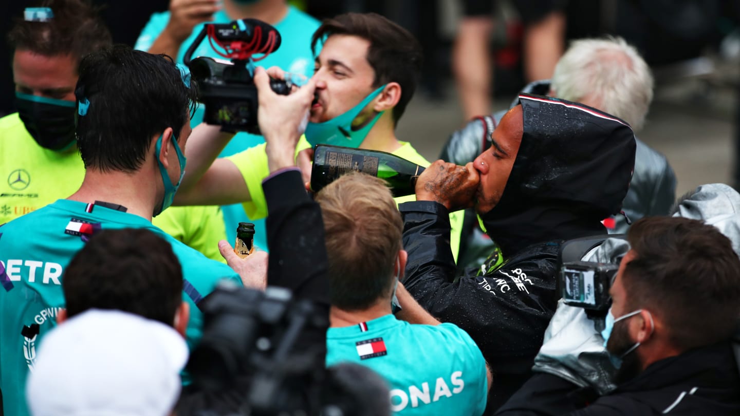 ISTANBUL, TURKEY - NOVEMBER 15: Race winner Lewis Hamilton of Great Britain and Mercedes GP celebrates winning a 7th F1 World Drivers Championship with his team in the Pitlane after the F1 Grand Prix of Turkey at Intercity Istanbul Park on November 15, 2020 in Istanbul, Turkey. (Photo by Joe Portlock - Formula 1/Formula 1 via Getty Images)