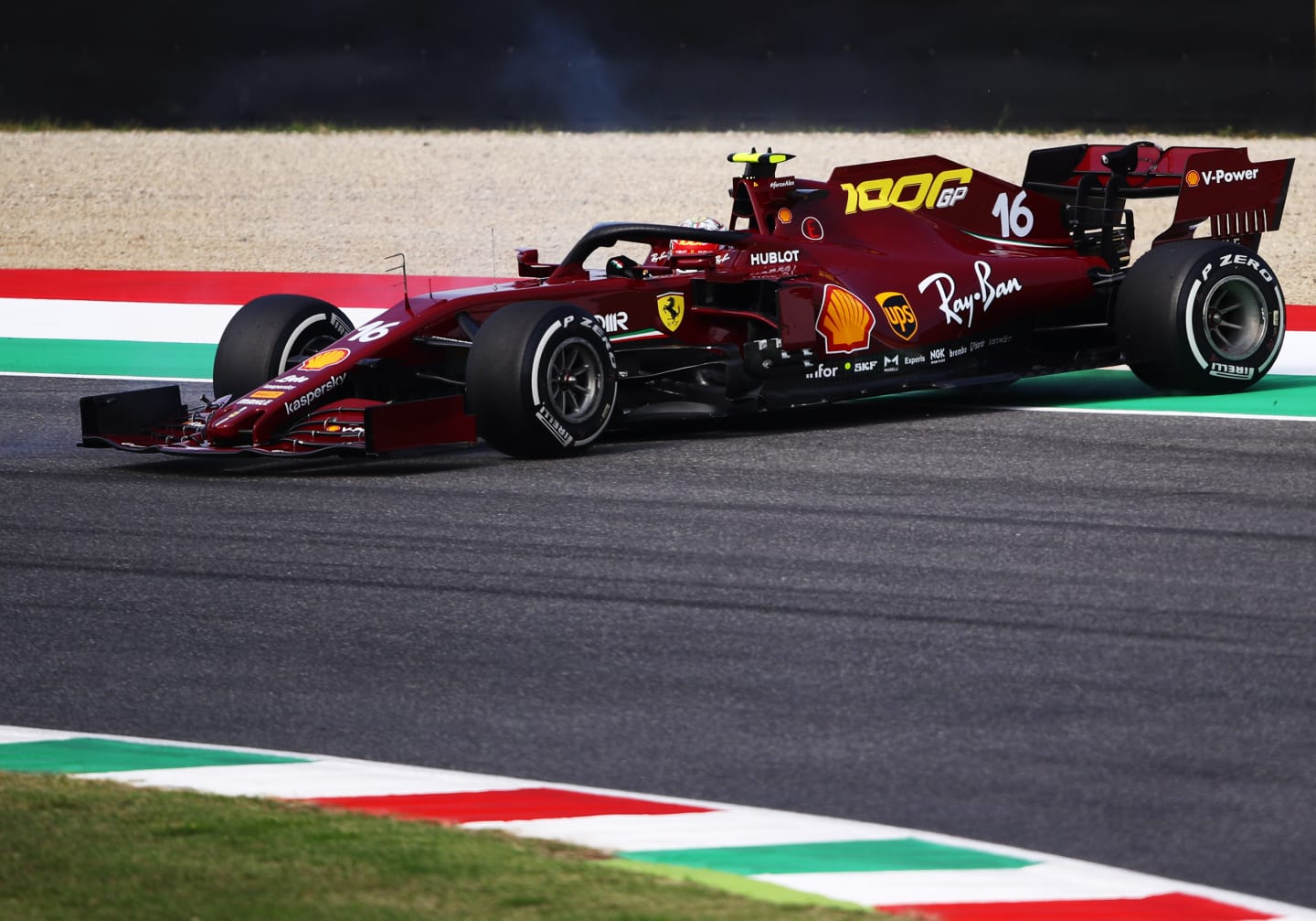 SCARPERIA, ITALY - SEPTEMBER 11: Charles Leclerc of Monaco driving the (16) Scuderia Ferrari SF1000 spins during practice ahead of the F1 Grand Prix of Tuscany at Mugello Circuit on September 11, 2020 in Scarperia, Italy. (Photo by Bryn Lennon/Getty Images)