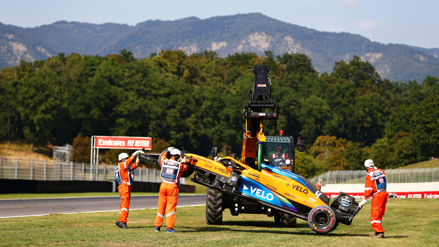 SCARPERIA, ITALY - SEPTEMBER 11: The car of Lando Norris of Great Britain and McLaren F1 is removed