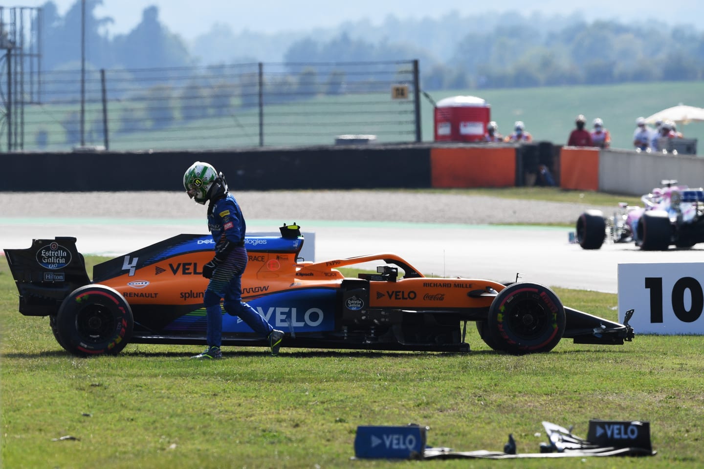 SCARPERIA, ITALY - SEPTEMBER 11: Lando Norris of Great Britain and McLaren F1 spins during practice ahead of the F1 Grand Prix of Tuscany at Mugello Circuit on September 11, 2020 in Scarperia, Italy. (Photo by Claudio Giovannini - Pool/Getty Images)