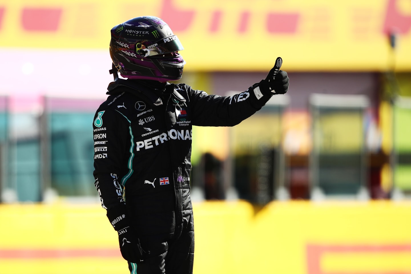 SCARPERIA, ITALY - SEPTEMBER 12: Pole position qualifier Lewis Hamilton of Great Britain and Mercedes GP celebrates in parc ferme during qualifying for the F1 Grand Prix of Tuscany at Mugello Circuit on September 12, 2020 in Scarperia, Italy. (Photo by Bryn Lennon/Getty Images)