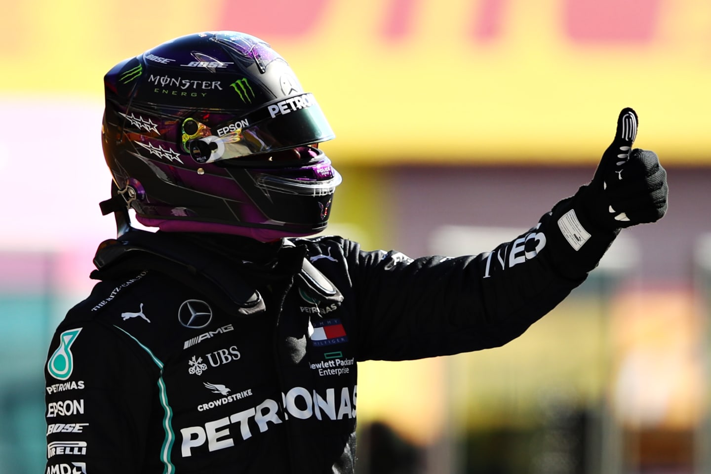 SCARPERIA, ITALY - SEPTEMBER 12: Pole position qualifier Lewis Hamilton of Great Britain and Mercedes GP celebrates in parc ferme during qualifying for the F1 Grand Prix of Tuscany at Mugello Circuit on September 12, 2020 in Scarperia, Italy. (Photo by Bryn Lennon/Getty Images)