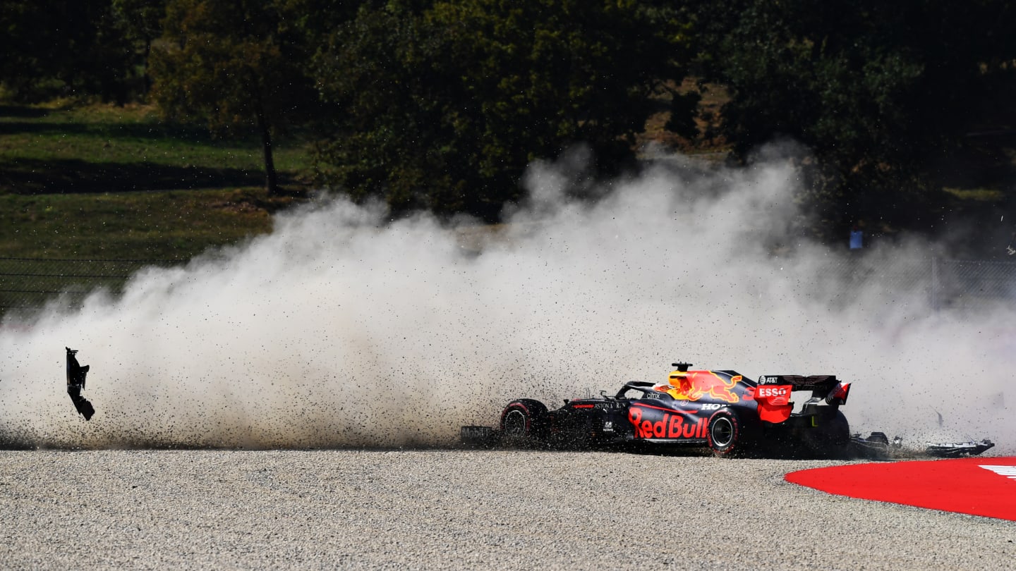 SCARPERIA, ITALY - SEPTEMBER 13: Max Verstappen of the Netherlands driving the (33) Aston Martin Red Bull Racing RB16 stops in the gravel as he retires from the F1 Grand Prix of Tuscany at Mugello Circuit on September 13, 2020 in Scarperia, Italy. (Photo by Clive Mason - Formula 1/Formula 1 via Getty Images)
