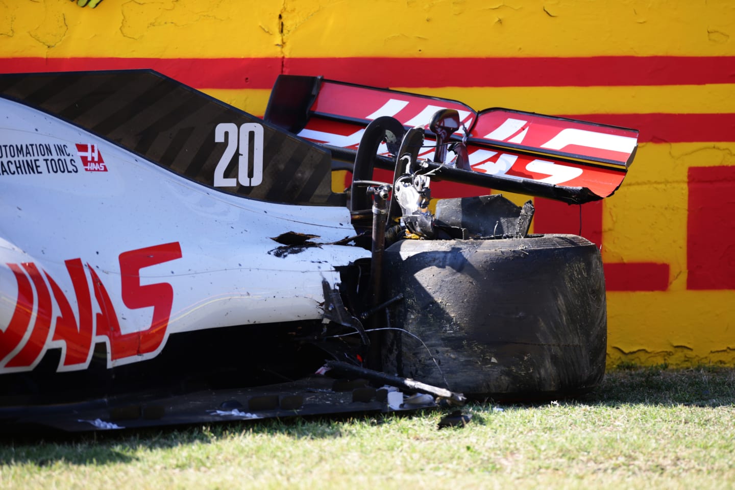 SCARPERIA, ITALY - SEPTEMBER 13: The broken car of Kevin Magnussen of Denmark driving the (20) Haas F1 Team VF-20 Ferrari is seen at the side of the track during the F1 Grand Prix of Tuscany at Mugello Circuit on September 13, 2020 in Scarperia, Italy. (Photo by Peter Fox/Getty Images)