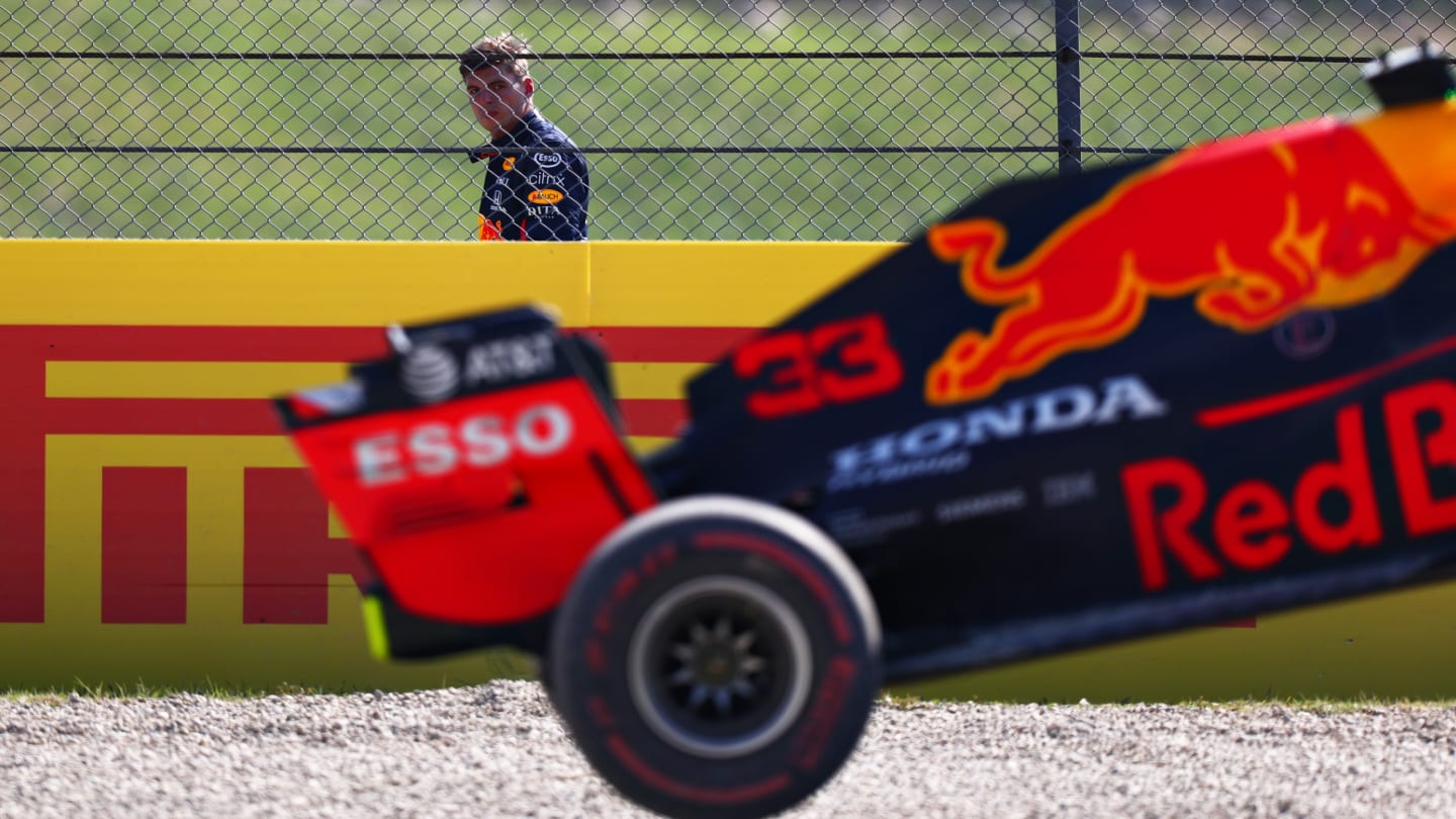 SCARPERIA, ITALY - SEPTEMBER 13: Max Verstappen of Netherlands and Red Bull Racing looks on as his car is removed from the track after a crash during the F1 Grand Prix of Tuscany at Mugello Circuit on September 13, 2020 in Scarperia, Italy. (Photo by Dan Istitene - Formula 1/Formula 1 via Getty Images)