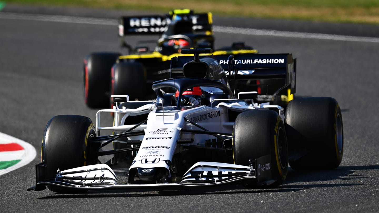 SCARPERIA, ITALY - SEPTEMBER 13: Daniil Kvyat of Russia driving the (26) Scuderia AlphaTauri AT01 Honda leads Esteban Ocon of France driving the (31) Renault Sport Formula One Team RS20 during the F1 Grand Prix of Tuscany at Mugello Circuit on September 13, 2020 in Scarperia, Italy. (Photo by Clive Mason - Formula 1/Formula 1 via Getty Images)