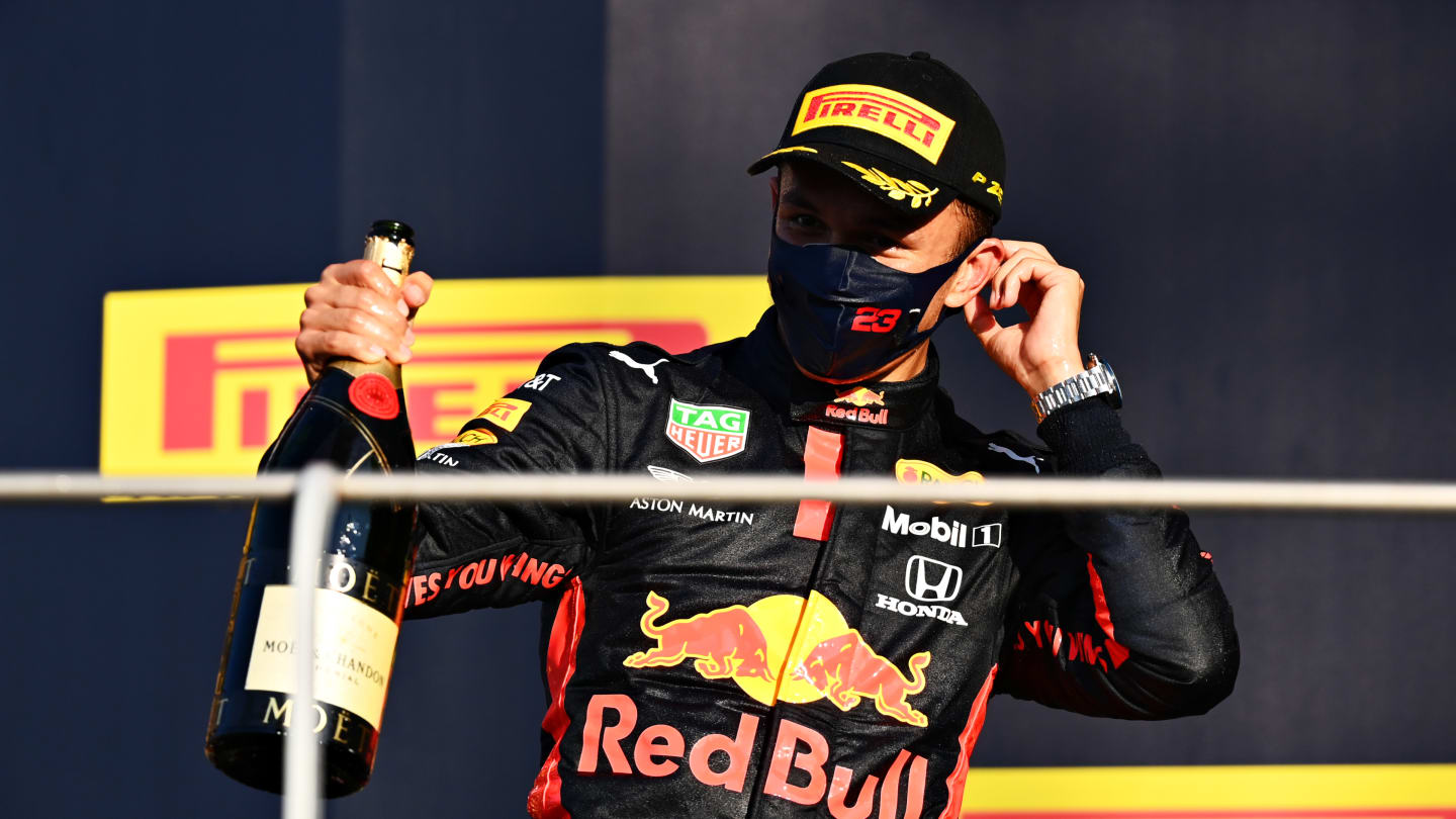SCARPERIA, ITALY - SEPTEMBER 13: Third placed Alexander Albon of Thailand and Red Bull Racing celebrates on the podium during the F1 Grand Prix of Tuscany at Mugello Circuit on September 13, 2020 in Scarperia, Italy. (Photo by Clive Mason - Formula 1/Formula 1 via Getty Images)