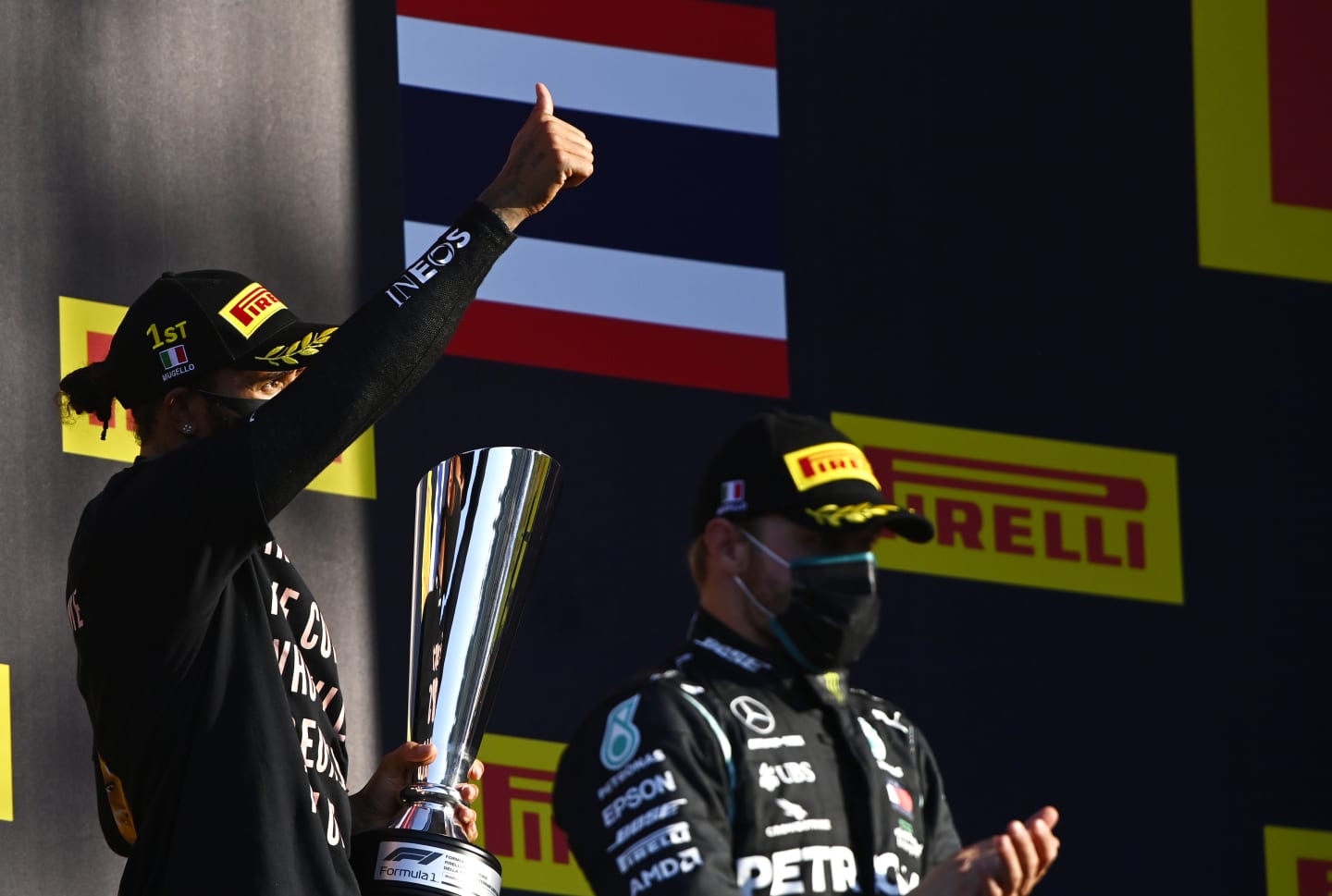 SCARPERIA, ITALY - SEPTEMBER 13: Race winner Lewis Hamilton of Great Britain and Mercedes GP