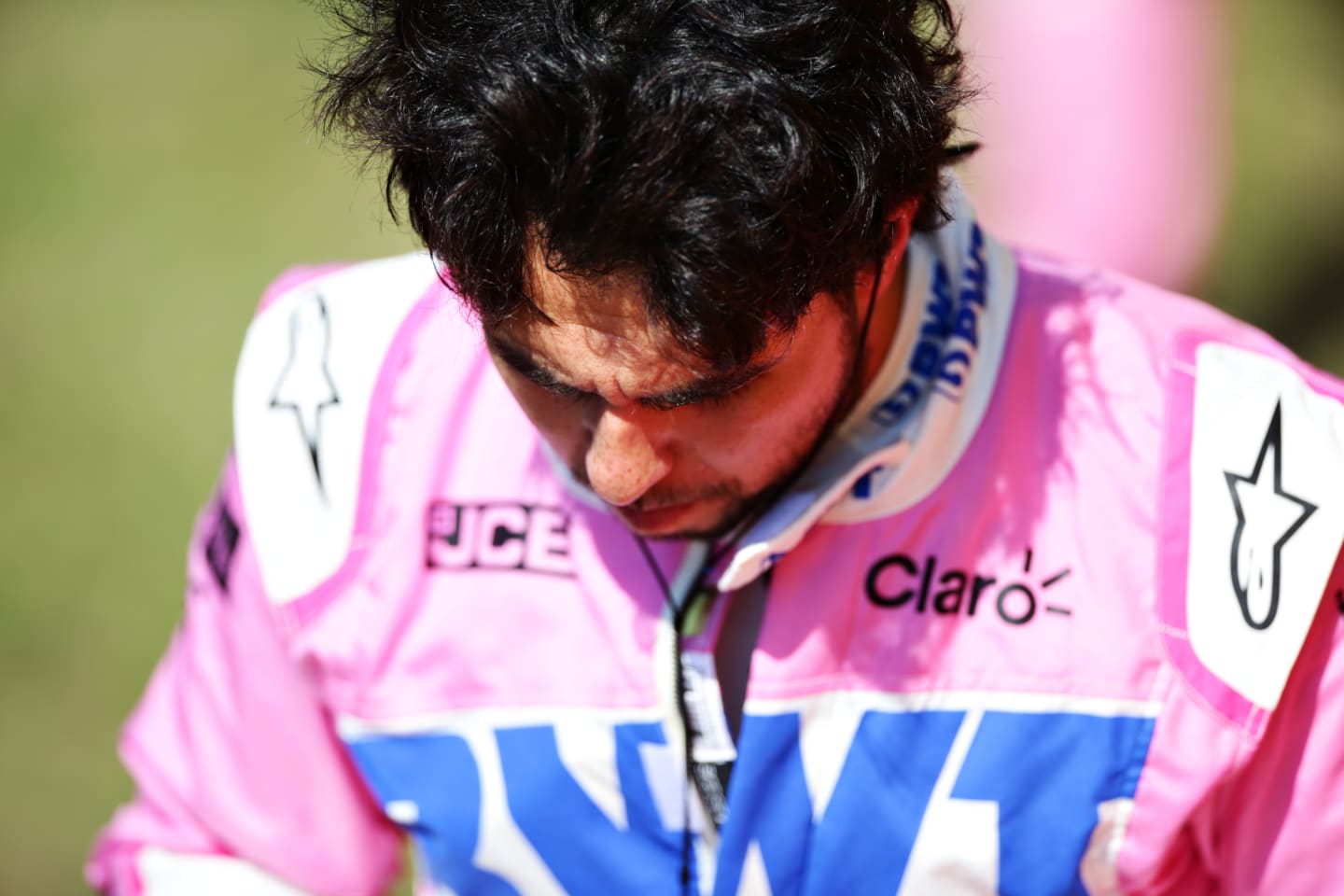 SCARPERIA, ITALY - SEPTEMBER 13: Sergio Perez of Mexico and Racing Point looks on during a red flag