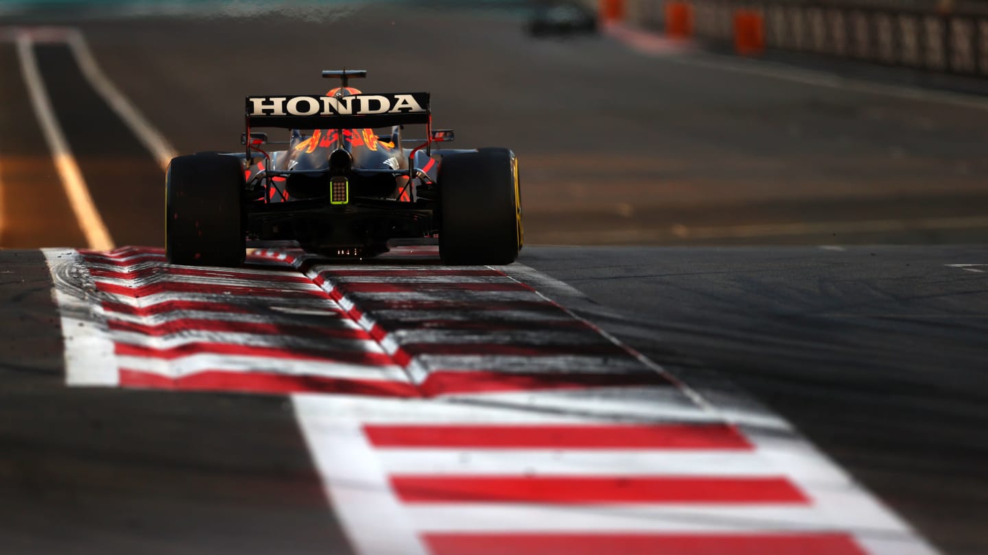 ABU DHABI, UNITED ARAB EMIRATES - DECEMBER 10:Max Verstappen of the Netherlands driving the (33) Red Bull Racing RB16B Honda  during practice ahead of the F1 Grand Prix of Abu Dhabi at Yas Marina Circuit on December 10, 2021 in Abu Dhabi, United Arab Emirates. (Photo by Dan Istitene - Formula 1/Formula 1 via Getty Images)