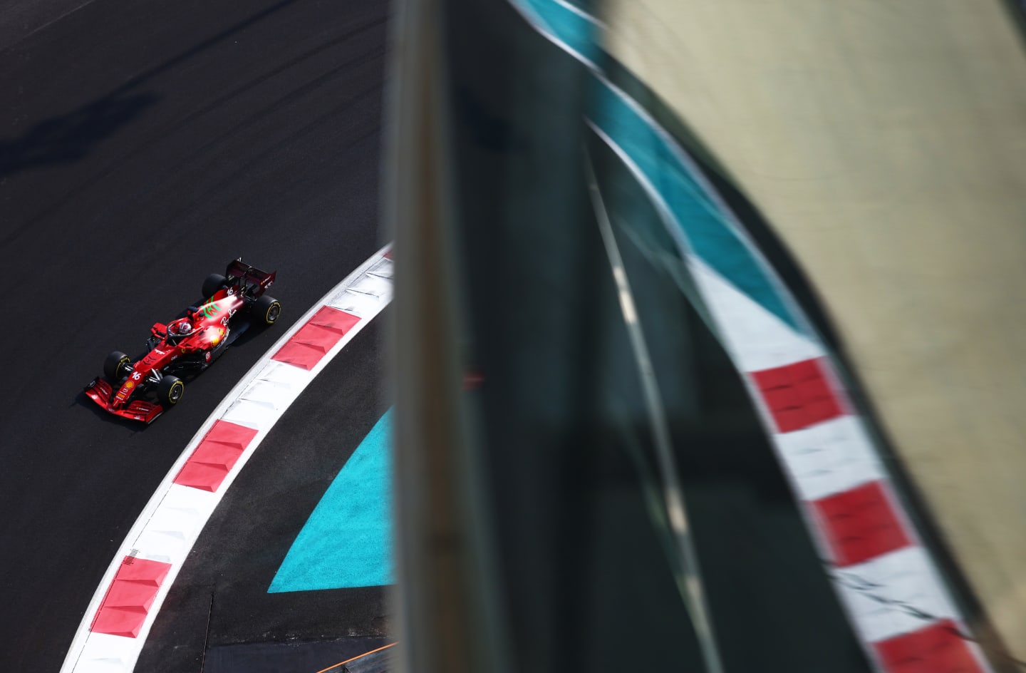 ABU DHABI, UNITED ARAB EMIRATES - DECEMBER 11: Charles Leclerc of Monaco driving the (16) Scuderia Ferrari SF21 during final practice ahead of the F1 Grand Prix of Abu Dhabi at Yas Marina Circuit on December 11, 2021 in Abu Dhabi, United Arab Emirates. (Photo by Mark Thompson/Getty Images)