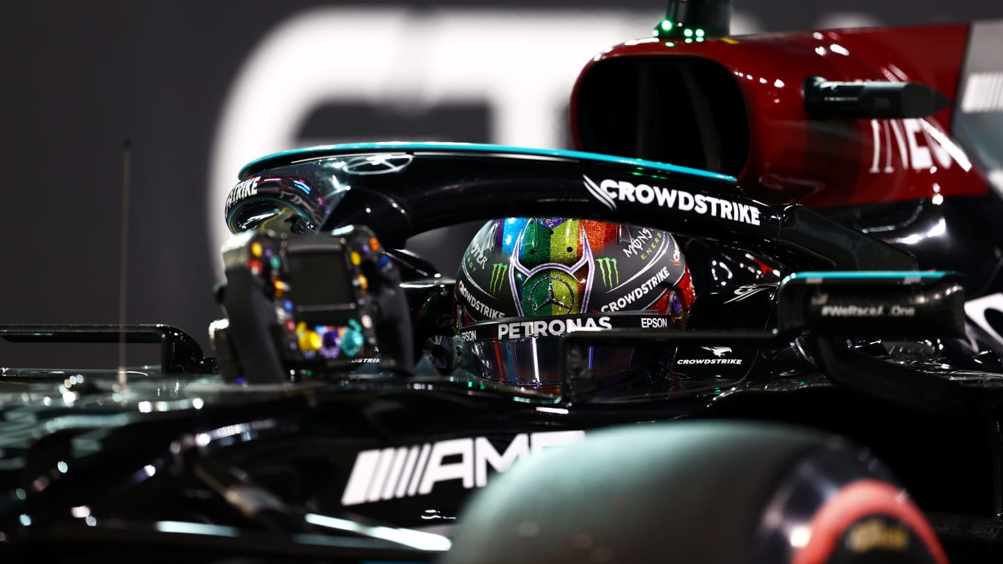ABU DHABI, UNITED ARAB EMIRATES - DECEMBER 11: Second placed qualifier Lewis Hamilton of Great Britain and Mercedes GP stops in parc ferme during qualifying ahead of the F1 Grand Prix of Abu Dhabi at Yas Marina Circuit on December 11, 2021 in Abu Dhabi, United Arab Emirates. (Photo by Dan Istitene - Formula 1/Formula 1 via Getty Images)