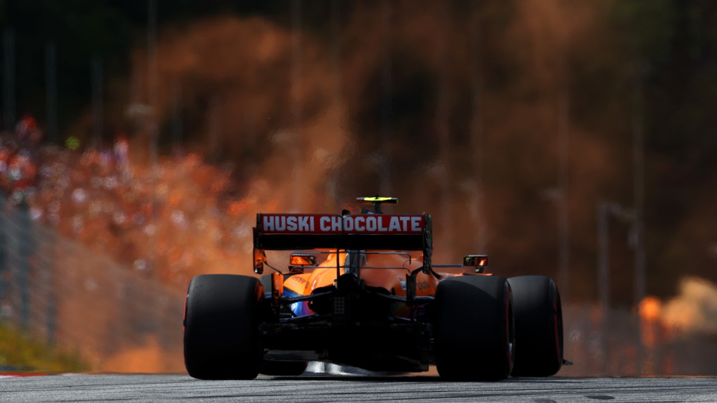 SPIELBERG, AUSTRIA - JULY 03: Lando Norris of Great Britain driving the (4) McLaren F1 Team MCL35M Mercedes during qualifying ahead of the F1 Grand Prix of Austria at Red Bull Ring on July 03, 2021 in Spielberg, Austria. (Photo by Clive Mason - Formula 1/Formula 1 via Getty Images)