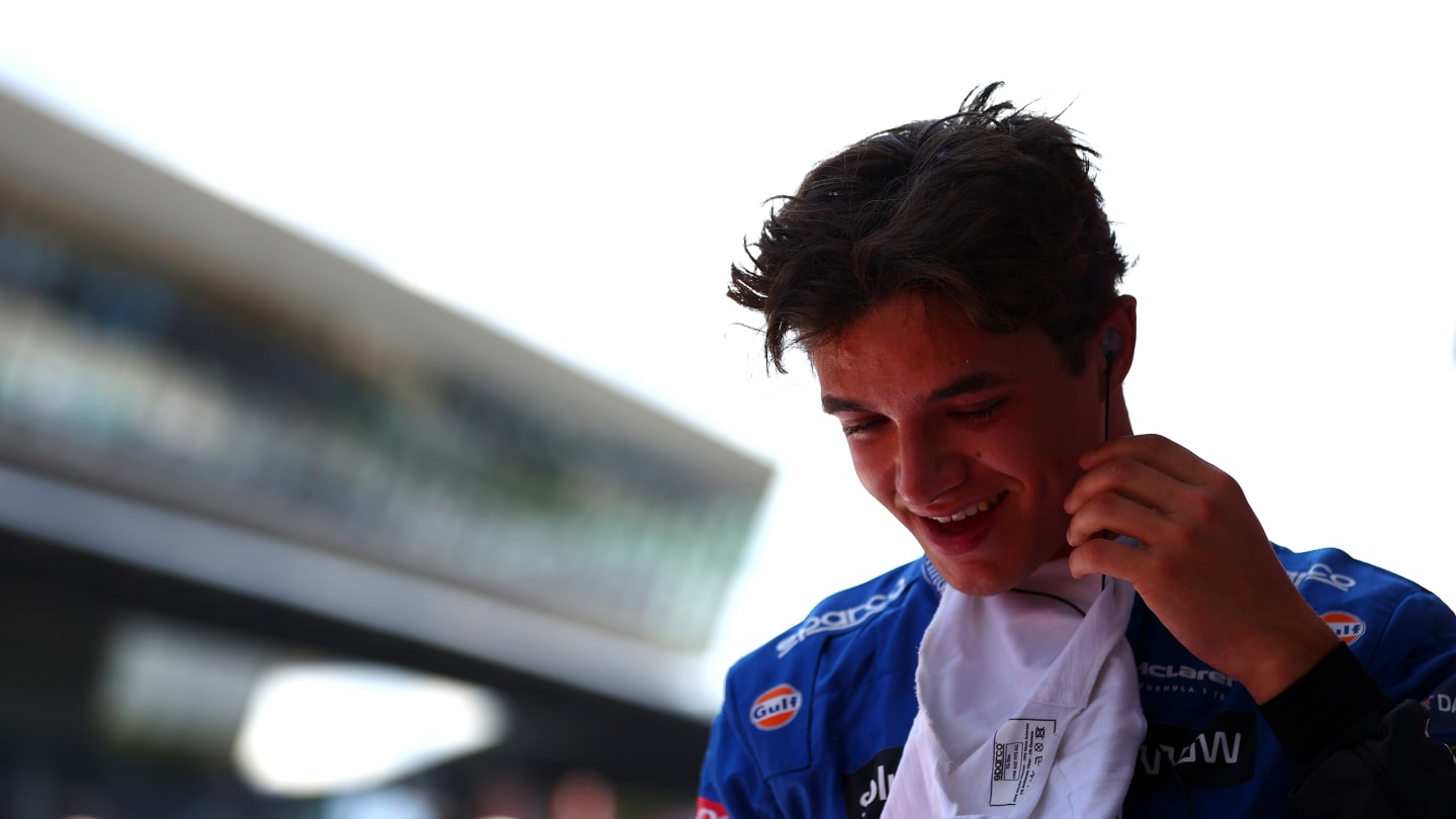 SPIELBERG, AUSTRIA - JULY 03: Second place qualifier Lando Norris of Great Britain and McLaren F1 celebrates in parc ferme during qualifying ahead of the F1 Grand Prix of Austria at Red Bull Ring on July 03, 2021 in Spielberg, Austria. (Photo by Dan Istitene - Formula 1/Formula 1 via Getty Images)