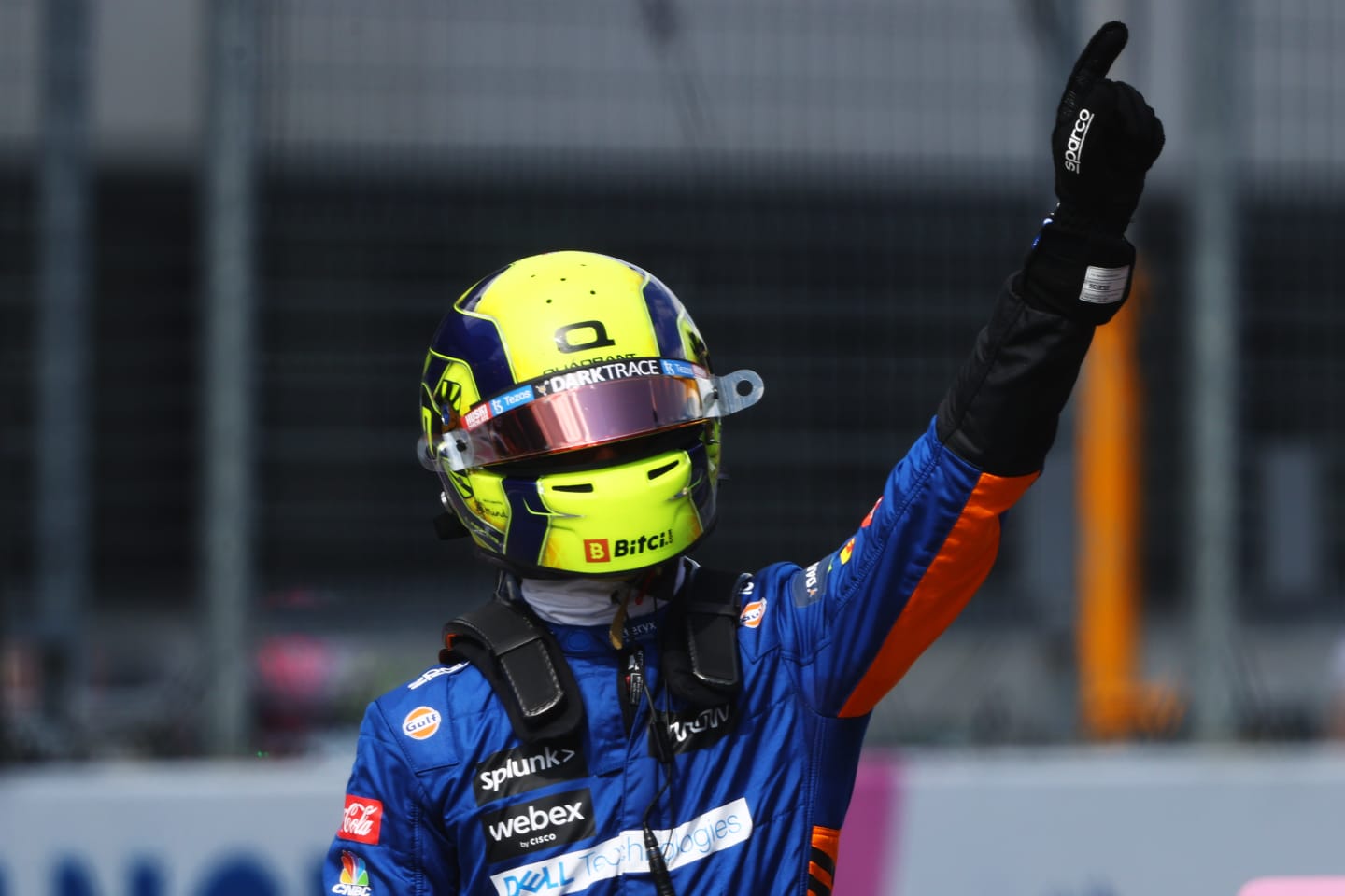 SPIELBERG, AUSTRIA - JULY 03: Second place qualifier Lando Norris of Great Britain and McLaren F1 celebrates in parc ferme during qualifying ahead of the F1 Grand Prix of Austria at Red Bull Ring on July 03, 2021 in Spielberg, Austria. (Photo by Bryn Lennon/Getty Images)