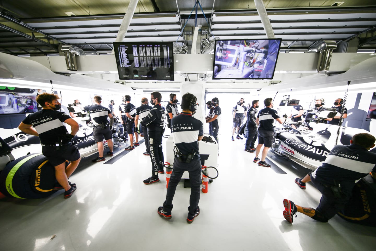 SPIELBERG, AUSTRIA - JULY 03: Scuderia AlphaTauri garage during qualifying ahead of the F1 Grand Prix of Austria at Red Bull Ring on July 03, 2021 in Spielberg, Austria. (Photo by Peter Fox/Getty Images)