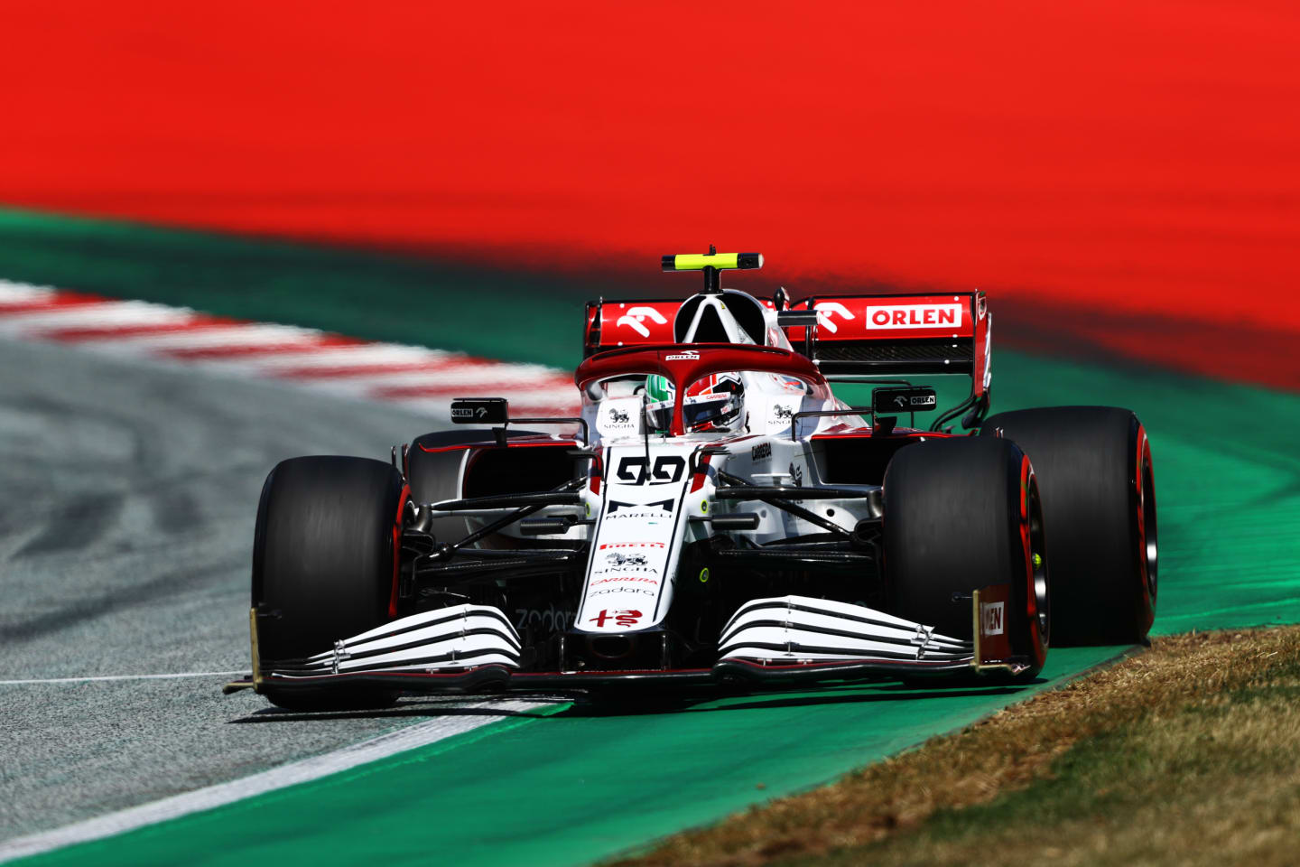 SPIELBERG, AUSTRIA - JULY 03: Antonio Giovinazzi of Italy driving the (99) Alfa Romeo Racing C41 Ferrari during qualifying ahead of the F1 Grand Prix of Austria at Red Bull Ring on July 03, 2021 in Spielberg, Austria. (Photo by Bryn Lennon/Getty Images)