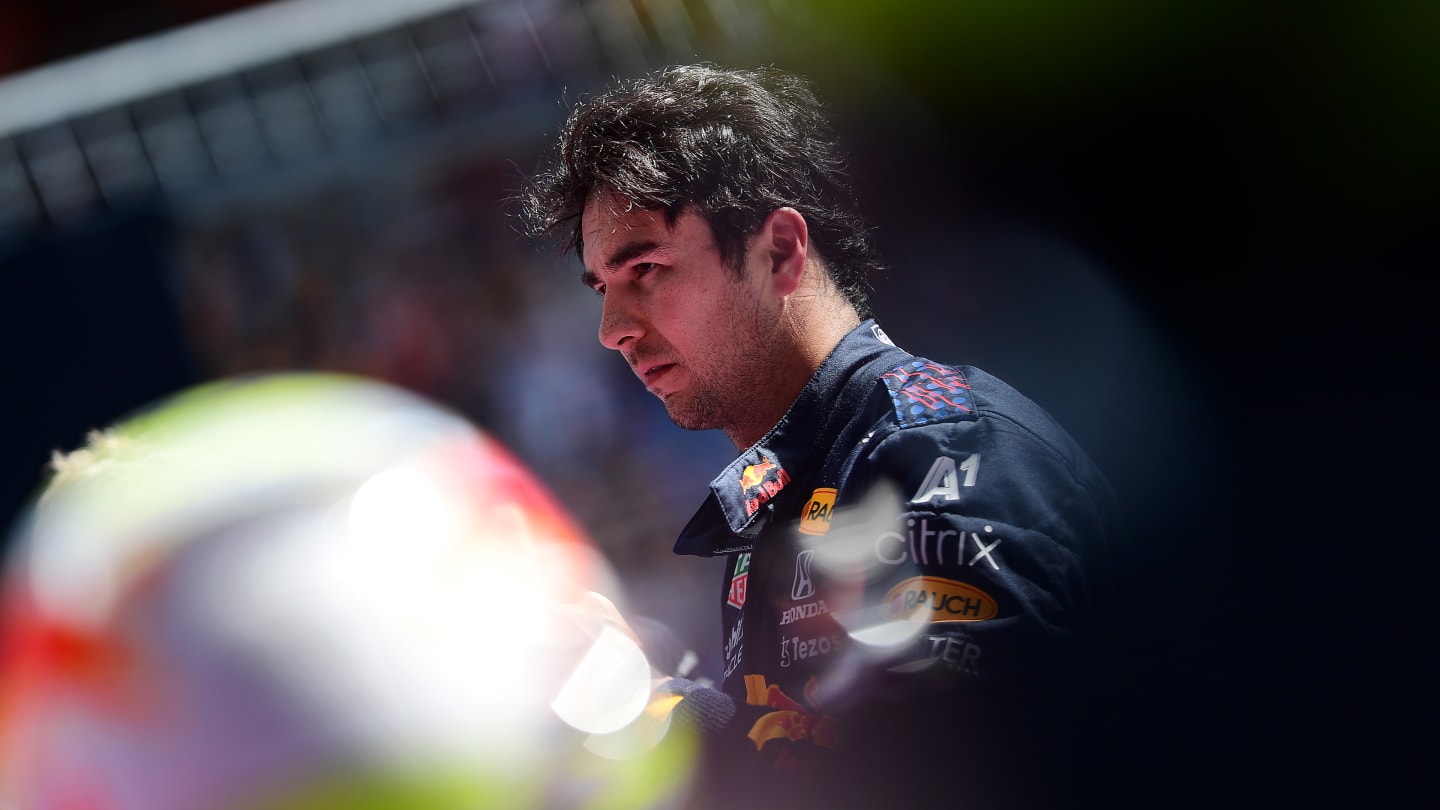 SPIELBERG, AUSTRIA - JULY 03: Third place qualifier Sergio Perez of Mexico and Red Bull Racing celebrates in parc ferme during qualifying ahead of the F1 Grand Prix of Austria at Red Bull Ring on July 03, 2021 in Spielberg, Austria. (Photo by Mario Renzi - Formula 1/Formula 1 via Getty Images)