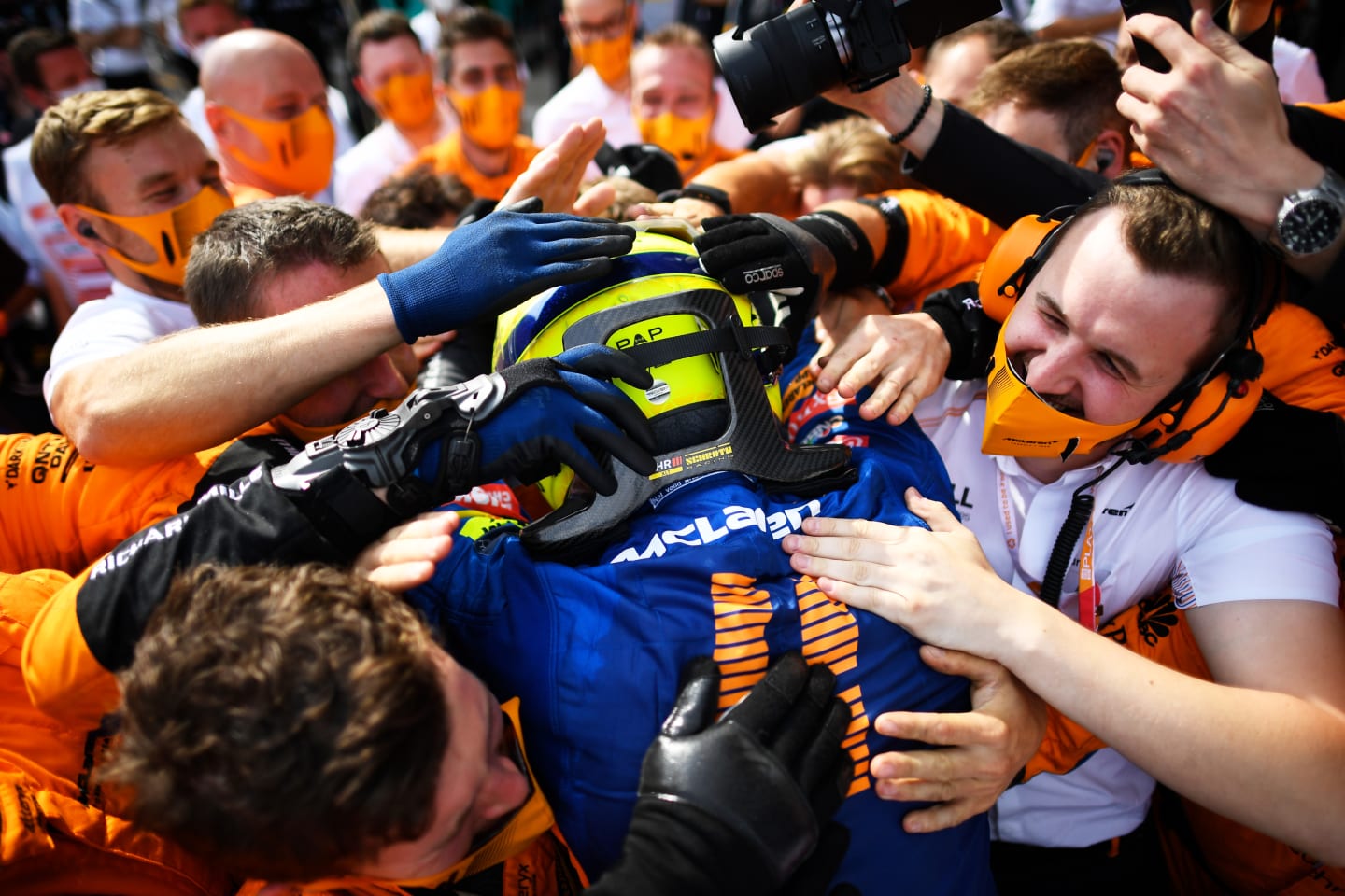 SPIELBERG, AUSTRIA - JULY 04: Third placed Lando Norris of Great Britain and McLaren F1 celebrates in parc ferme during the F1 Grand Prix of Austria at Red Bull Ring on July 04, 2021 in Spielberg, Austria. (Photo by Christian Bruna - Pool/Getty Images)