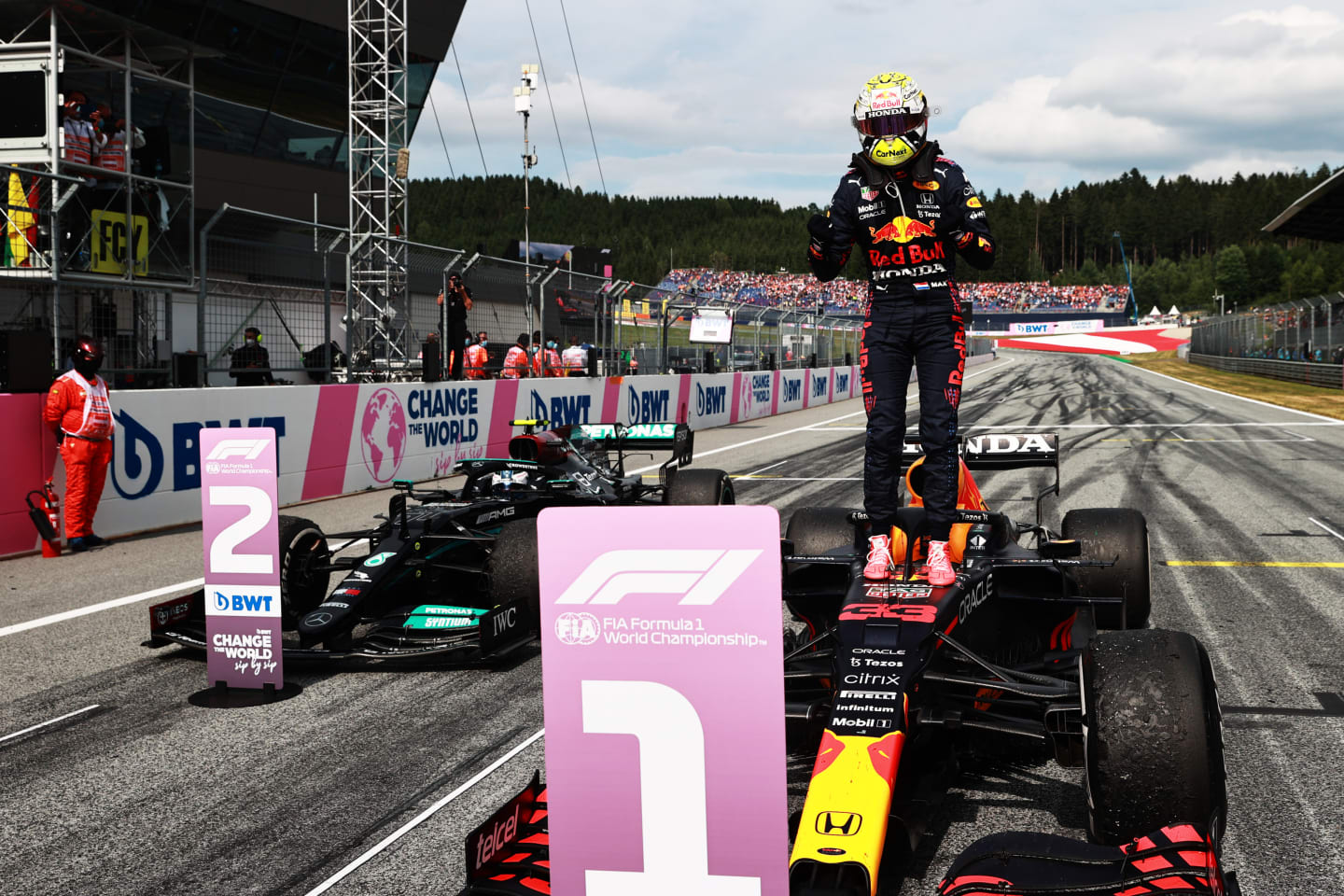SPIELBERG, AUSTRIA - JULY 04: Race winner Max Verstappen of Netherlands and Red Bull Racing celebrates in parc ferme during the F1 Grand Prix of Austria at Red Bull Ring on July 04, 2021 in Spielberg, Austria. (Photo by Mark Thompson/Getty Images)