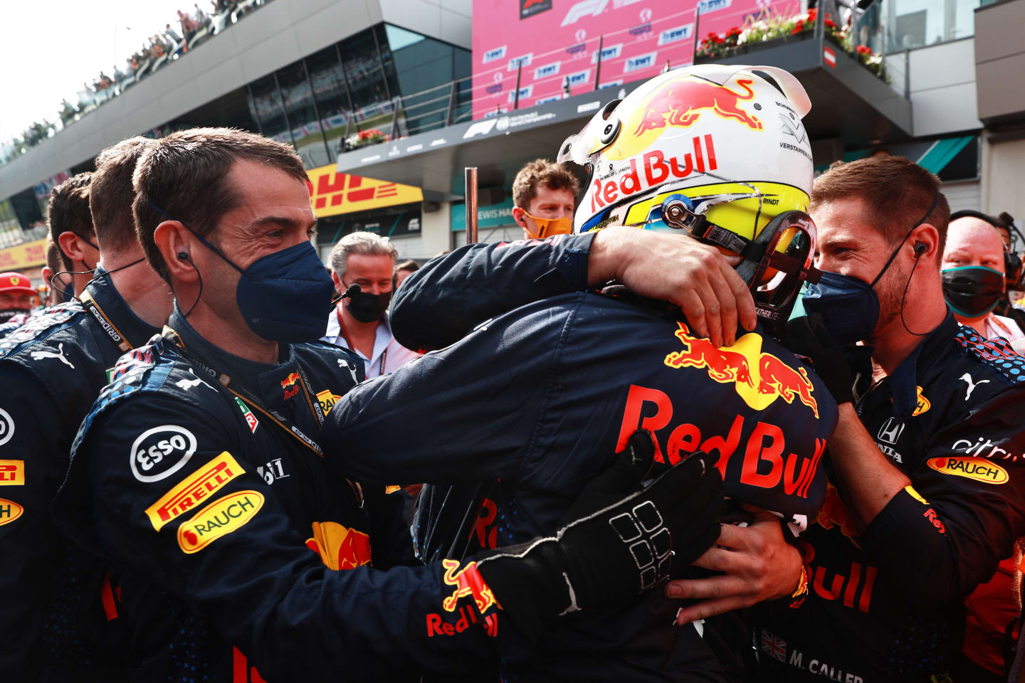 SPIELBERG, AUSTRIA - JULY 04: Race winner Max Verstappen of Netherlands and Red Bull Racing celebrates in parc ferme during the F1 Grand Prix of Austria at Red Bull Ring on July 04, 2021 in Spielberg, Austria. (Photo by Mark Thompson/Getty Images)