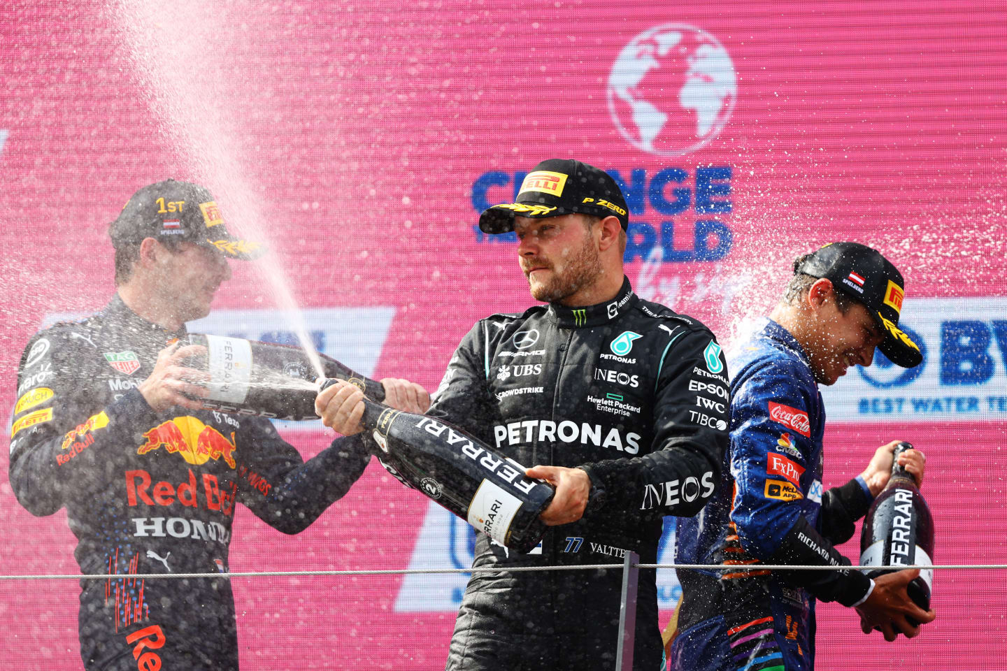 SPIELBERG, AUSTRIA - JULY 04: Second placed Valtteri Bottas of Finland and Mercedes GP celebrates on the podium during the F1 Grand Prix of Austria at Red Bull Ring on July 04, 2021 in Spielberg, Austria. (Photo by Bryn Lennon/Getty Images)