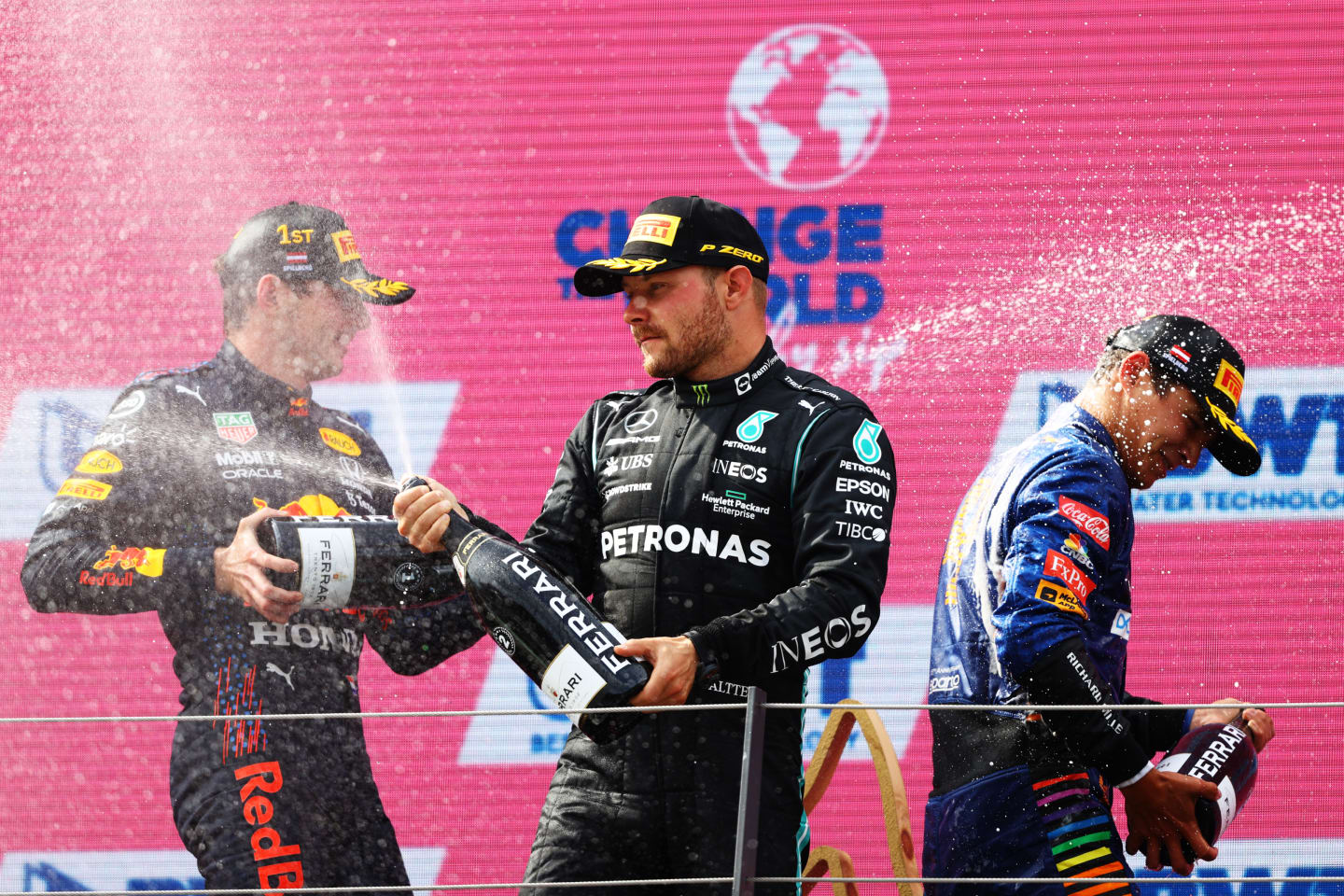 SPIELBERG, AUSTRIA - JULY 04: Second placed Valtteri Bottas of Finland and Mercedes GP celebrates