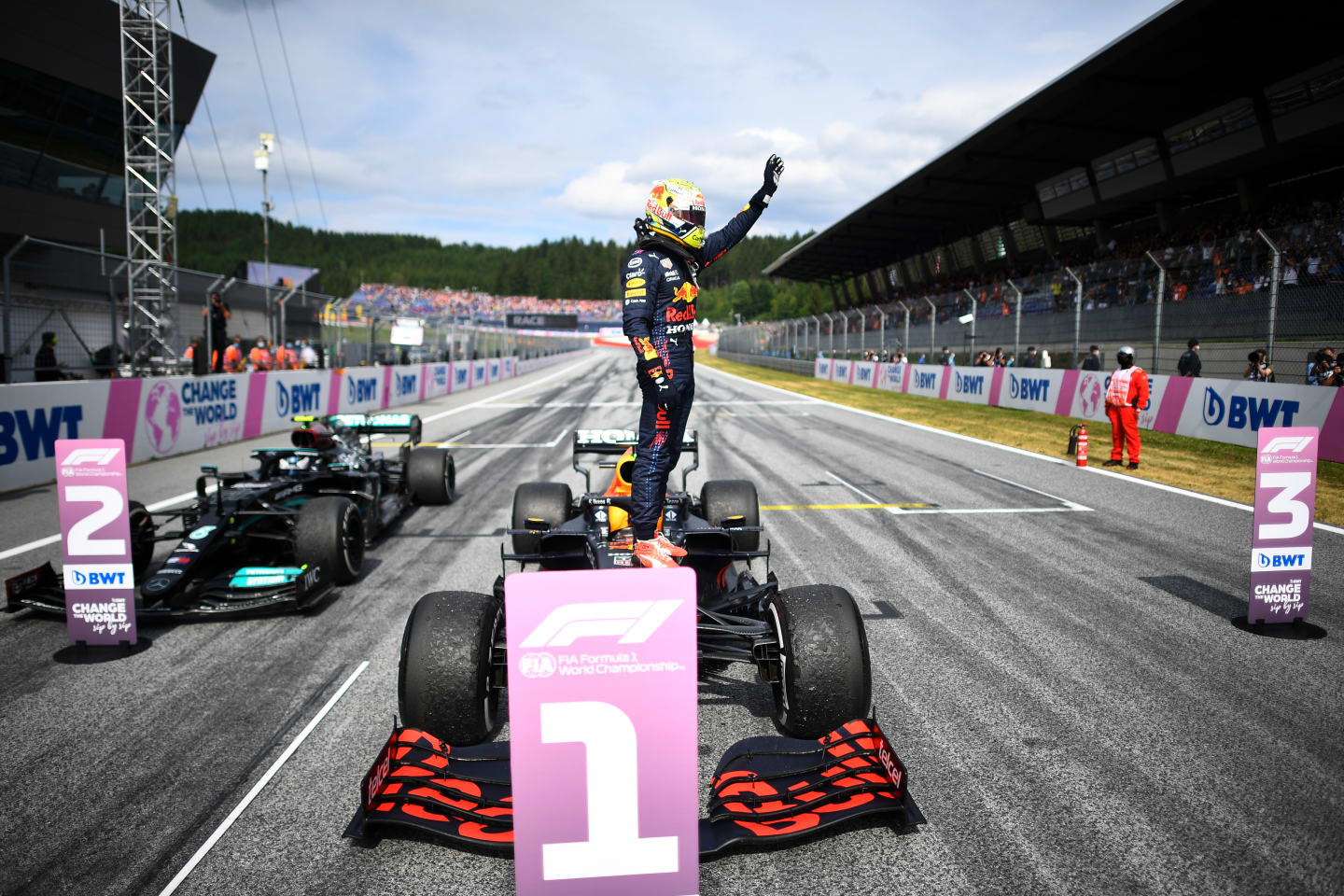 SPIELBERG, AUSTRIA - JULY 04: Race winner Max Verstappen of Netherlands and Red Bull Racing celebrates in parc ferme during the F1 Grand Prix of Austria at Red Bull Ring on July 04, 2021 in Spielberg, Austria. (Photo by Christian Bruna - Pool/Getty Images)