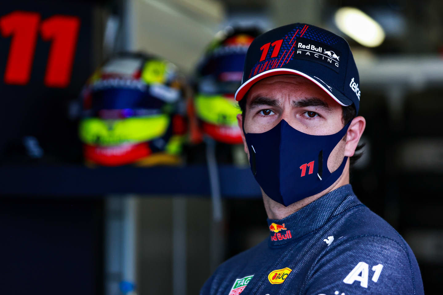 BAKU, AZERBAIJAN - JUNE 04: Sergio Perez of Mexico and Red Bull Racing prepares to drive in the garage during practice ahead of the F1 Grand Prix of Azerbaijan at Baku City Circuit on June 04, 2021 in Baku, Azerbaijan. (Photo by Mark Thompson/Getty Images)