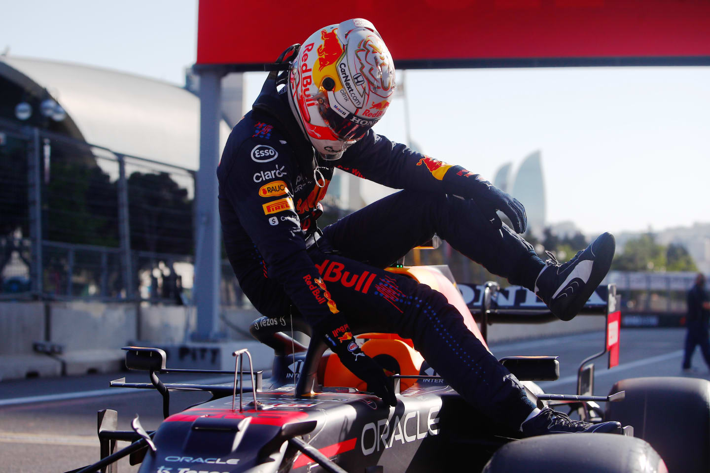 BAKU, AZERBAIJAN - JUNE 05: Third placed Max Verstappen of Netherlands and Red Bull Racing climbs out of his car in parc ferme during qualifying ahead of the F1 Grand Prix of Azerbaijan at Baku City Circuit on June 05, 2021 in Baku, Azerbaijan. (Photo by Maxim Shemetov - Pool/Getty Images)