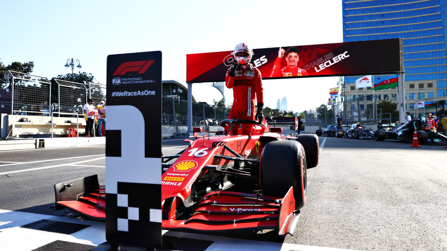 BAKU, AZERBAIJAN - JUNE 05: Pole position qualifier Charles Leclerc of Monaco and Ferrari