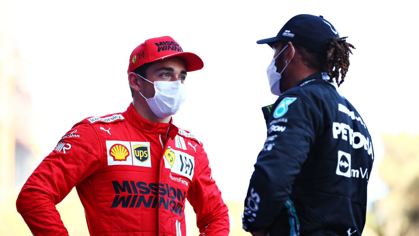 BAKU, AZERBAIJAN - JUNE 05: Pole position qualifier Charles Leclerc of Monaco and Ferrari talks