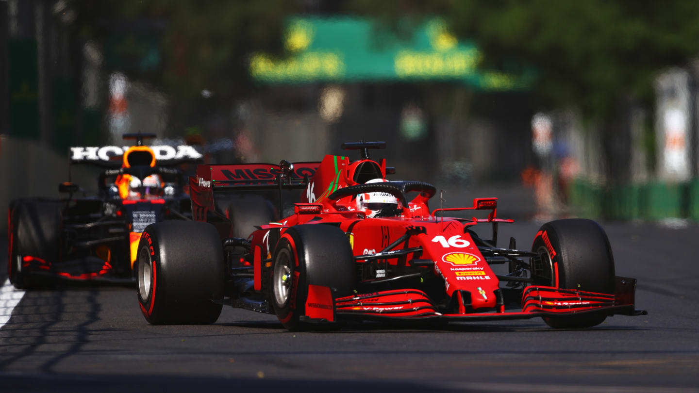 BAKU, AZERBAIJAN - JUNE 06: Charles Leclerc of Monaco driving the (16) Scuderia Ferrari SF21 leads
